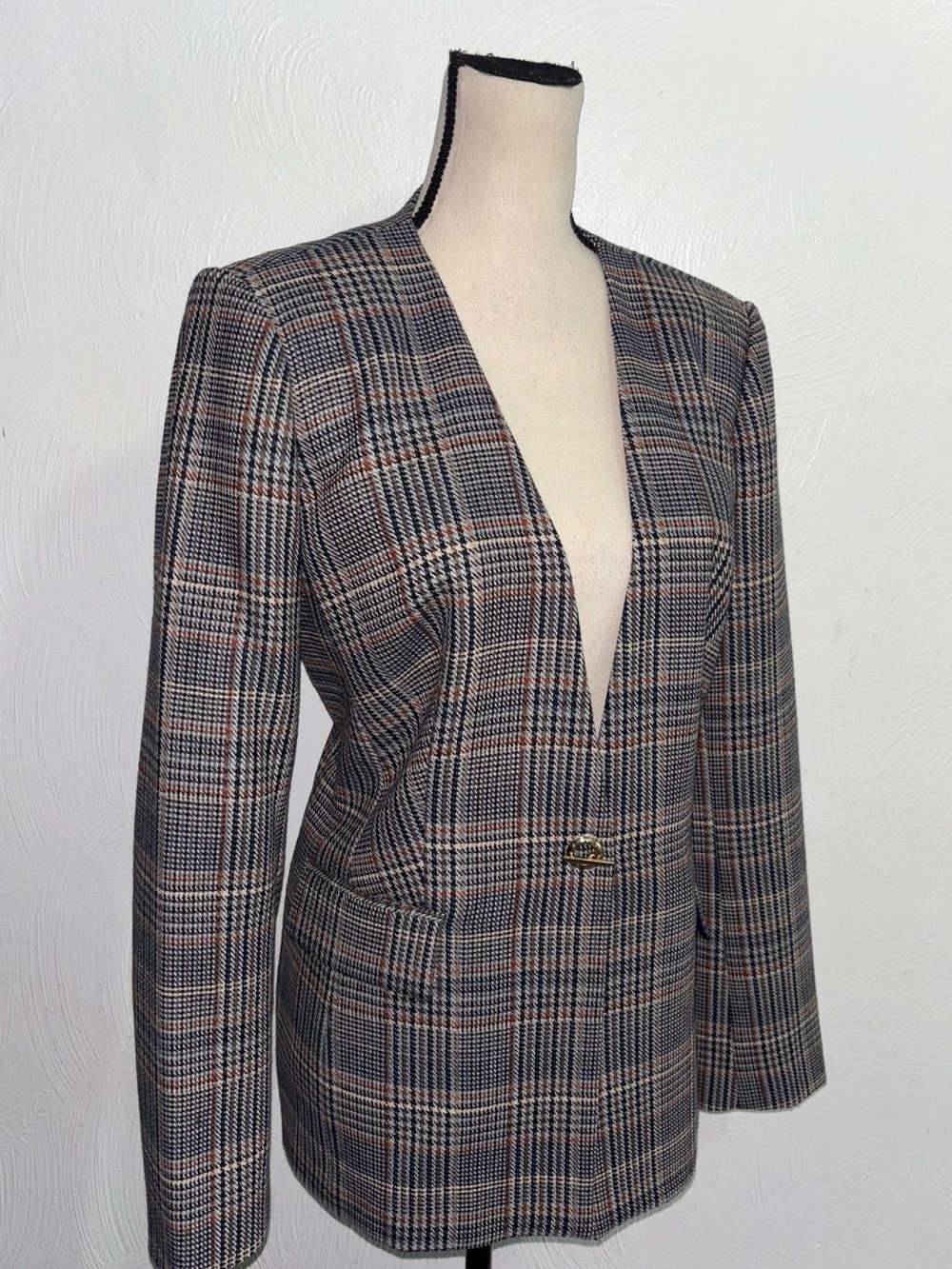 Calvin Klein Plaid Deep-V Toggle Closure Blazer Jacket - Gray Multi Size 12